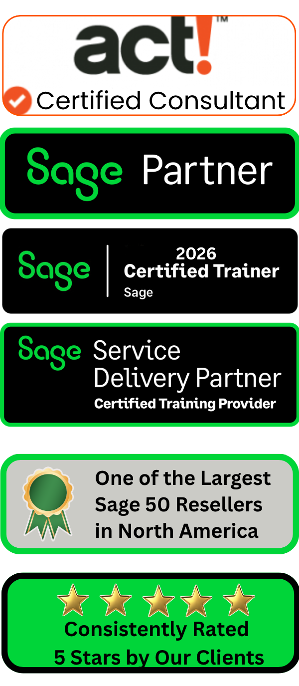 Certified Act Consultant, Sage Business Partner, Sage 50 Certified Trainer, largest sage reseller in NA, star customer reviews